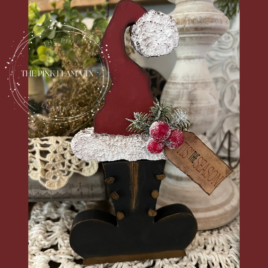 Unfinished wood Santa hat and boots shelf sitter